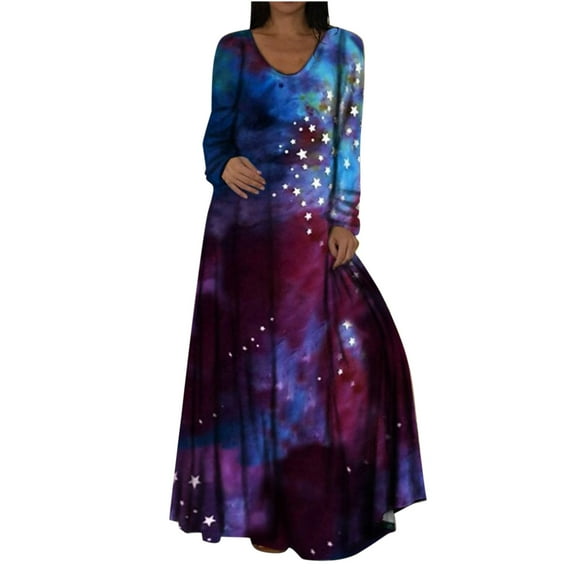Ichuanyi Woman Dress, Summer Women's Fashion Casual Round Neck Long Sleeve 3D Printed Long Dress