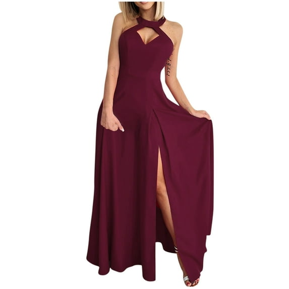 Ichuanyi Woman Dress, Clearance Summer Women's Fashion Elegant England Halter Neck Sleeveless Solid Floor-Length Dress