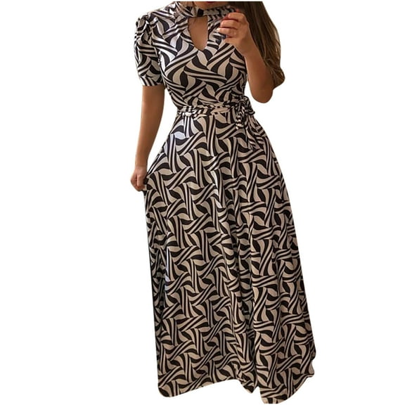 Ichuanyi Woman Dress, Summer Fashion Women Casual O-Neck Short Sleeve Bandage Summer Printing Sashes Dress