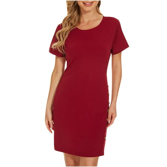 Ichuanyi Woman Dress, Summer Fashion Women Summer Button O-Neck Solid Diamonds Short Sleeve Mini Dress