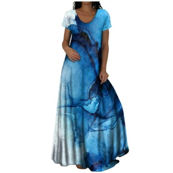 Ichuanyi Woman Dress, Summer Women Casual Summer Short Sleeve O-Neck Print Maxi Boho Ankle-Length Dress