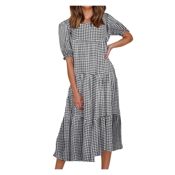 Ichuanyi Woman Dress, Summer Women Sexy Bubble Sleeve plaid printed patchwork Loose Skirt Dress