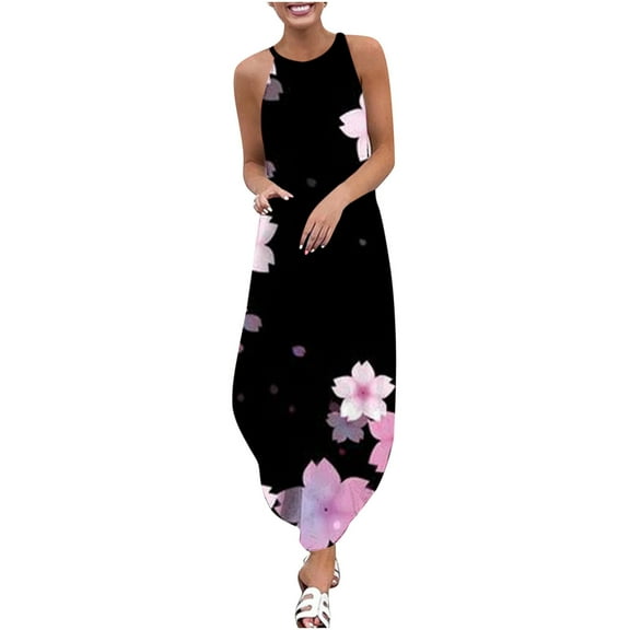 Ichuanyi Woman Dress, Summer Women's Summer Casual Sleeveless Halter Neck Suspender Skirt Slit Maxi Print Dress