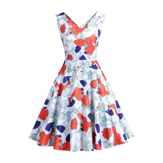 Ichuanyi Woman Dress, Summer Women's Summer Sleeveless Sexy V Neck Vintage Print Party Swing Dress