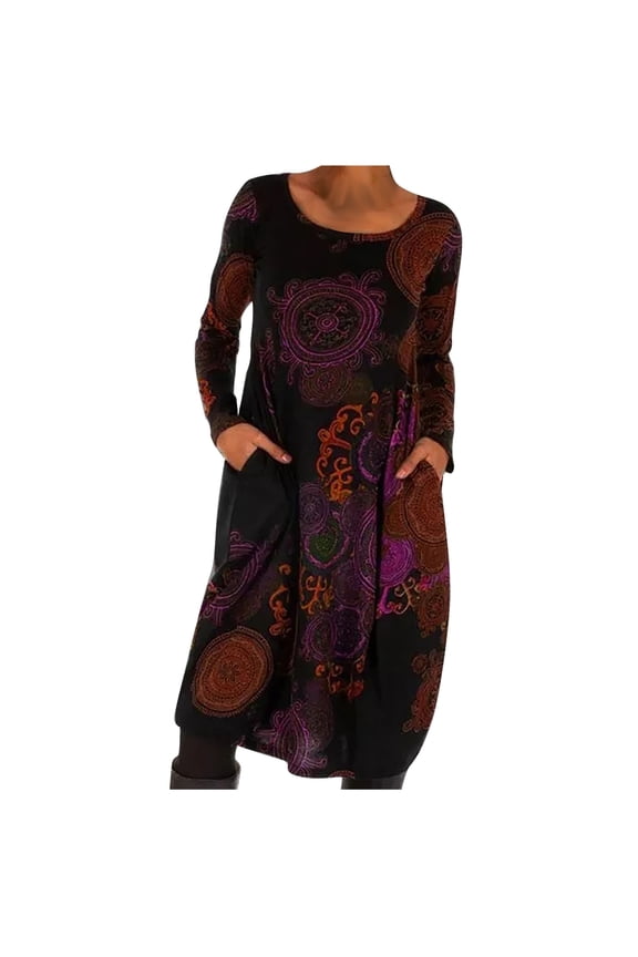 Ichuanyi Woman Dress Women Casual O-Neck Hedging Print Ethnic Style Long Skirt Long Sleeve Loose Dress
