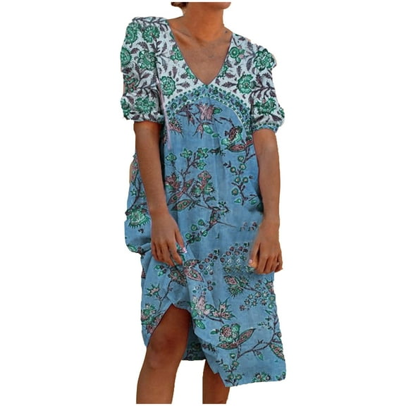 Ichuanyi Woman Dress Women Fashion V-Neck Short Sleeve Printing Loose Casual Mid-Calf Long Dresses