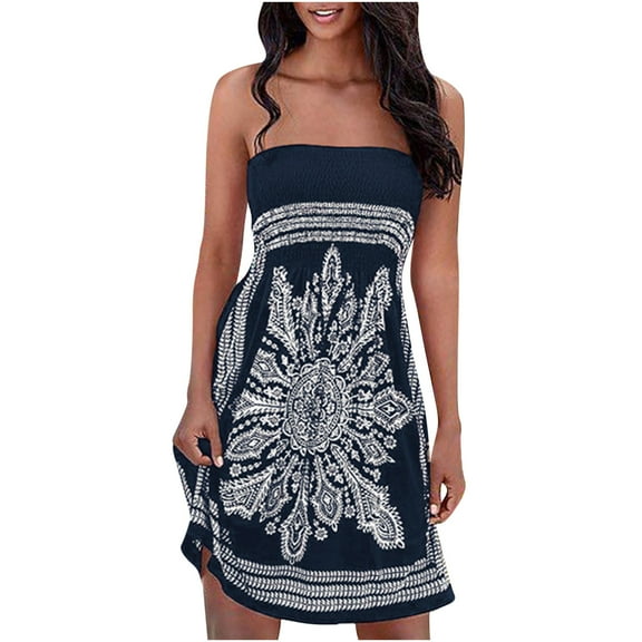 Ichuanyi Woman Dress Women Sexy Tube Strapless Strapless Printing Sleeveless A-Line Skirt Dress Dress