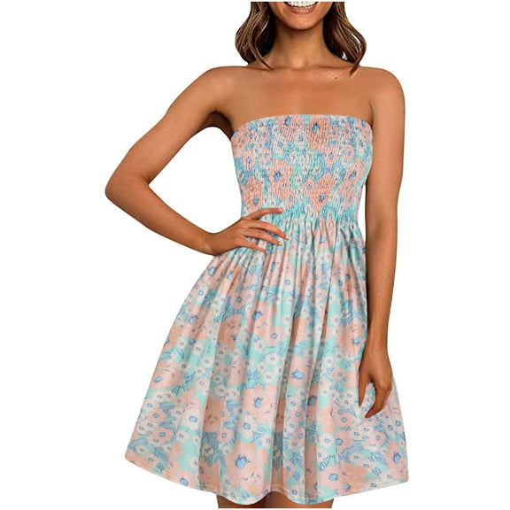 Ichuanyi Woman Dress Women's Bohemian Style Strapless Elastic Band Dress Dresses Sleeveless Floral Print Dress
