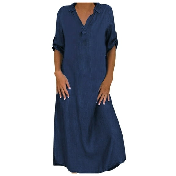 Ichuanyi Woman Dress Women Casual Solid Denim Dress V-Neck Roll Sleeve Button Loose Long Dress
