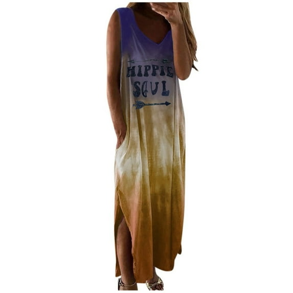Ichuanyi Woman Dress clearance Women Casual Tie-dye Print Sleeveless Dress V-neck Pocket Long Dress