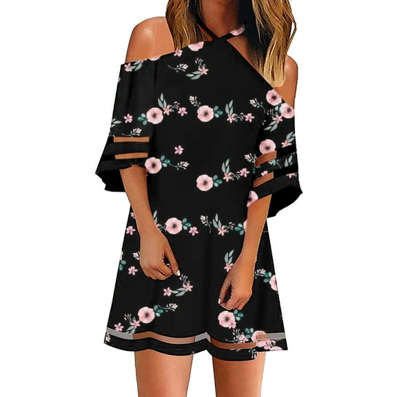 Ichuanyi Woman Dress Women Sexy Fashion Short Sleeve Printed Off Shoulder Halter Dress