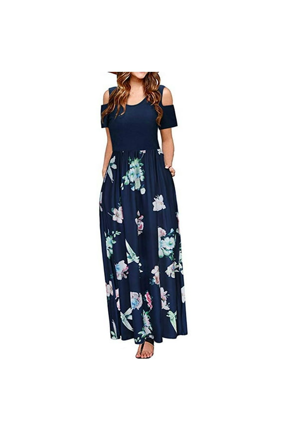 Ichuanyi Woman Dress Women Summer Cold Shoulder Floral Print Elegant Maxi Long Dress Pocket Dress