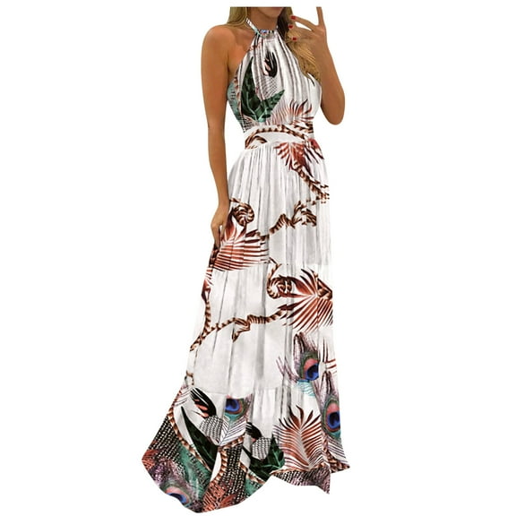 Ichuanyi Woman Dress Women Tropical Print Halter Backless Maxi Dress Sexy Sleeveless Beach Dress