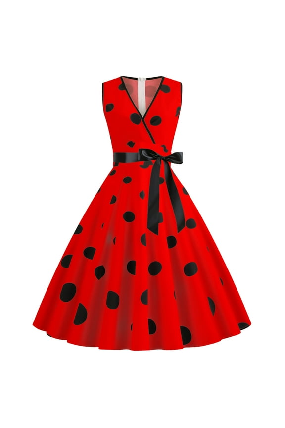 Ichuanyi Woman Dress Women Vintage Retro V-Neck Sleeveless Print Evening Party Prom Swing Dress