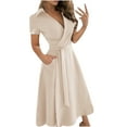 thumbnail image 1 of Ichaunyi Summer Dresses Women's Casual Loose Bandage Short Sleeve Solid V-Neck Ankle-Length Dress, 1 of 5