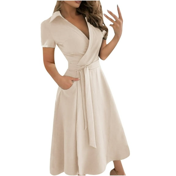 Ichaunyi Summer Dresses Women's Casual Loose Bandage Short Sleeve Solid V-Neck Ankle-Length Dress