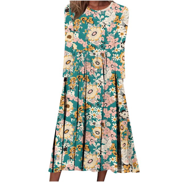 Ichuanyi Woman Dress clearance Women's F Round Neck Long Sleeve Floral