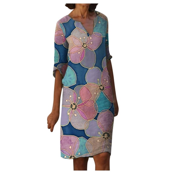 Ichuanyi Woman Dress Women's Fashion Plus Size Medium Length Printed Long-Sleeved V-Neck Dress