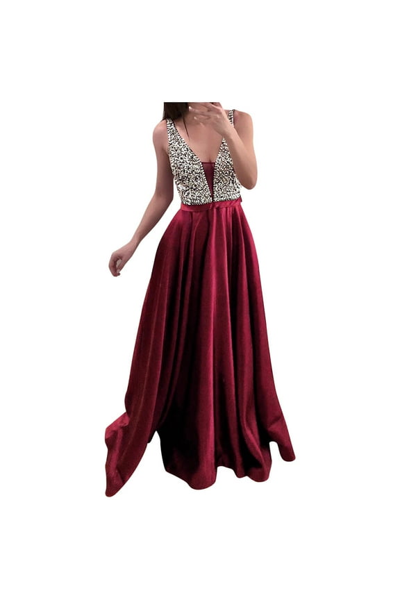 Ichuanyi Woman Dress Womens Fashion V-Neck Evening Party Gown Sequins Formal Prom Long Dress