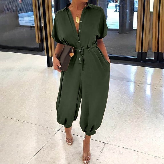 Ichuanyi Woman's Solid Color Short Sleeve Button Rompers Trousers Casual Fashion