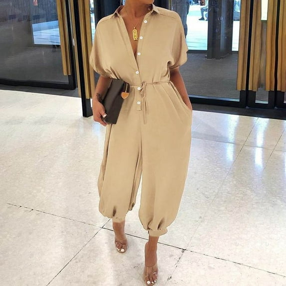 Ichuanyi Woman's Solid Color Short Sleeve Button Rompers Trousers Casual Fashion