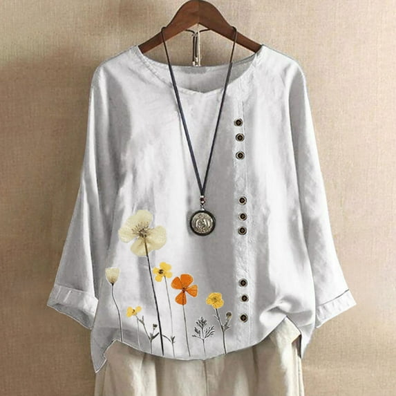 Ichuanyi Women Casual Floral Print Long Sleeve Button O-Neck Loose T-Shirt Top Blouse