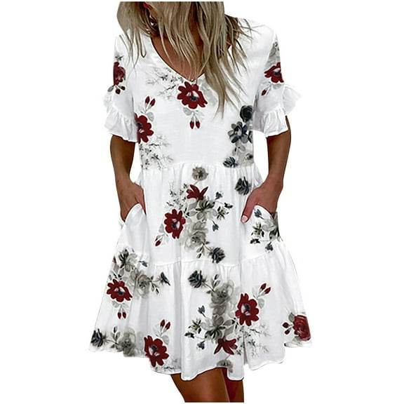 Ichuanyi Women Casual V-Neck Sexy Ruffle Short Sleeve Printing Pocket Dress
