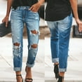 thumbnail image 1 of Ichuanyi Women Fashion High Waist Pocket Solid Casual Straight-leg Pants Hole Jeans, 1 of 9