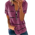 thumbnail image 1 of Ichuanyi Women Fashion Plus Size Tops Zipper Stripe Print V-Neck Short Sleeve Casual T-shirt Blouse, 1 of 6