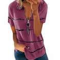 thumbnail image 1 of Ichuanyi Women Fashion Plus Size Tops Zipper Stripe Print V-Neck Short Sleeve Casual T-shirt Blouse, 1 of 6
