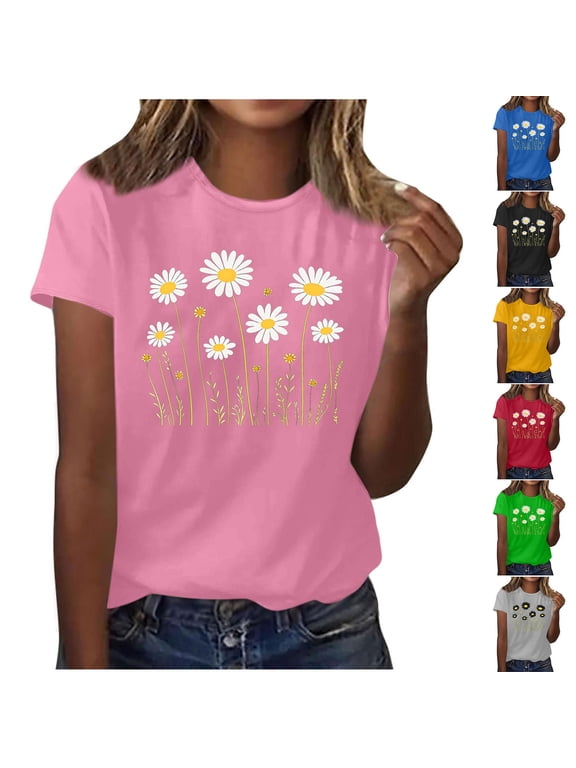 Ichuanyi Women Graphic Print Short Sleeves Tees Blouses for Women Tops Round-Neck Pullover Tee