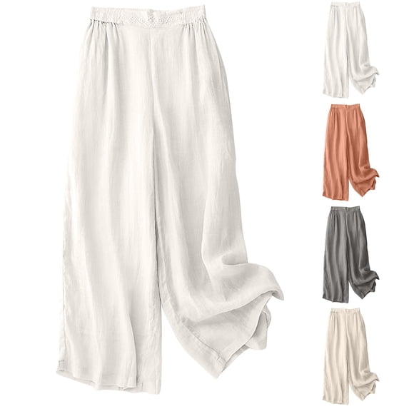 Ichuanyi Women High Waist Linen Wide Leg Long Pants Loose Fit Solid Color Lightweight Breathable Summer Casual Slim Look Trousers