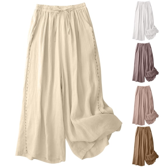 Ichuanyi Women High Waist Linen Wide Leg Long Pants Loose Fit Solid Color Lightweight Breathable Summer Casual Slim Look Trousers