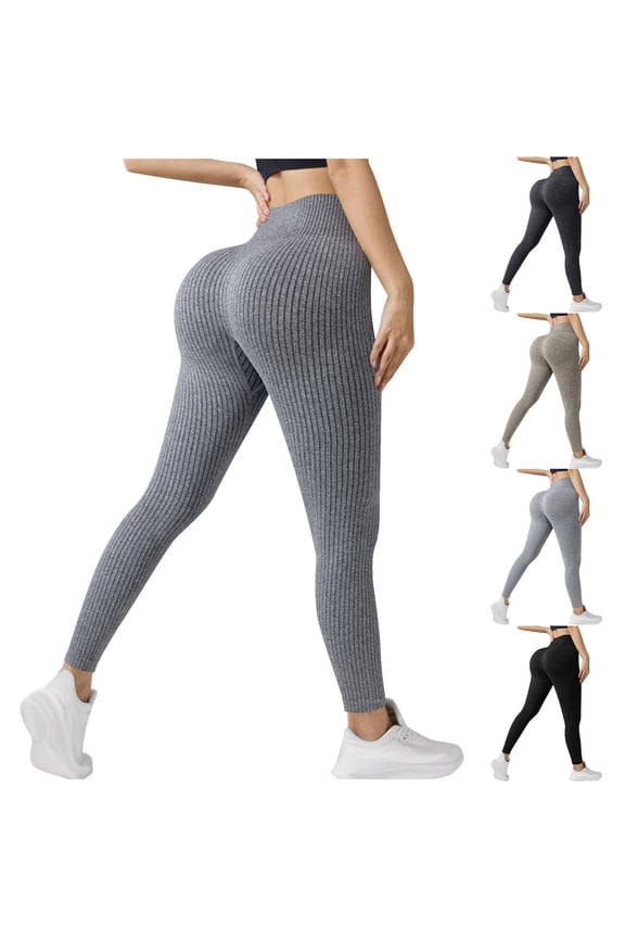 Ichuanyi Women High Waist Ribbed Yoga Pants Vertical Striped Texture Tummy Control Butt Lifting Stretchy Fabric Outdoor Fitness Wear