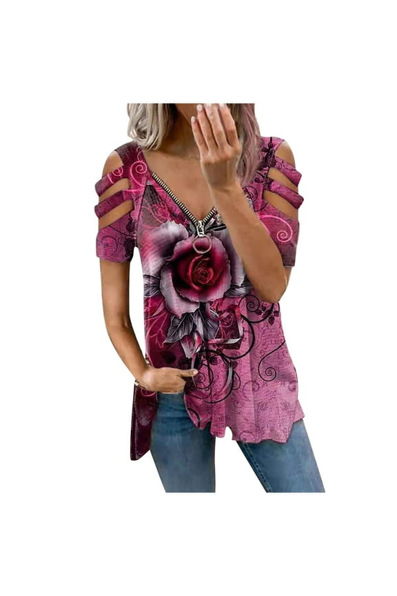 Ichuanyi Women Low-cut Hollow V-neck Zipper Short Sleeve Print Short-sleeved T-shirt Top