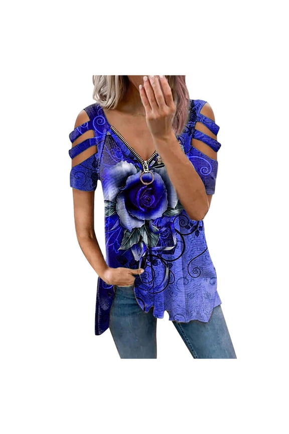 Ichuanyi Women Low-cut Hollow V-neck Zipper Short Sleeve Print Short-sleeved T-shirt Top