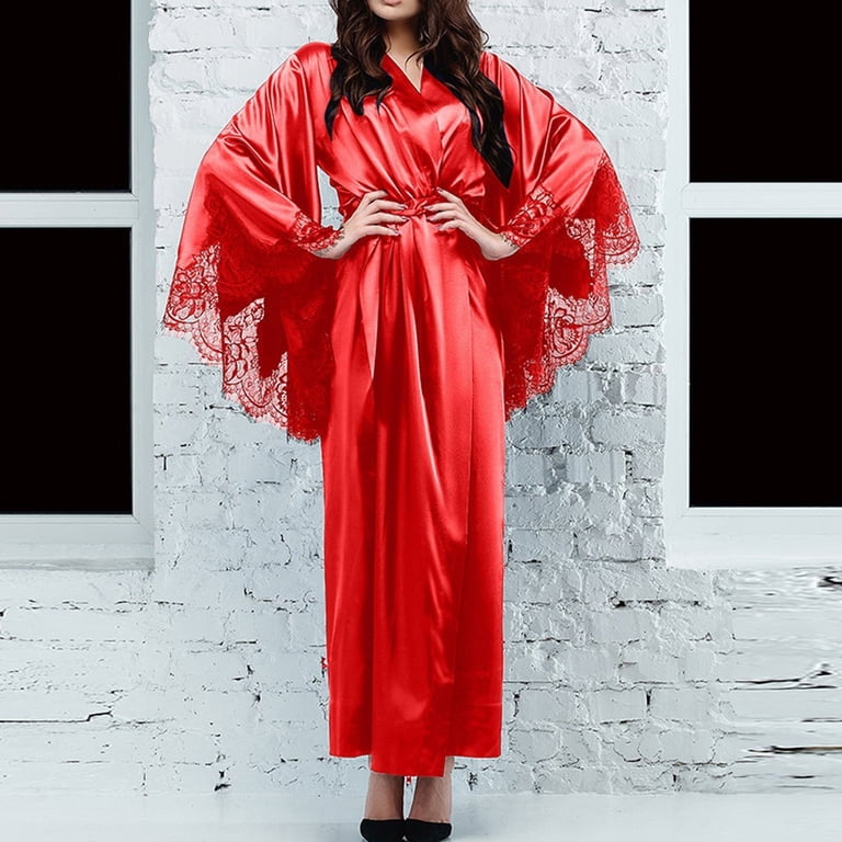 Ichuanyi Women Sexy Lace Satin Kimono Long Robe Bathrobe Lingerie