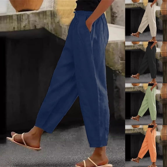 Ichuanyi Women Summer Solid Casual Pants Elastic High Waist Wide Leg Cropped Harem Pants Long Length Soft Lightweight Fabric Comfort Everyday Wear Trousers