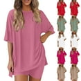 thumbnail image 1 of Ichuanyi Women Summer Solid Round Neck Three Quarter Sleeve Top with Shorts Two Piece Outfit Soft Breathable Loungewear Set Daily Outfit, 1 of 9