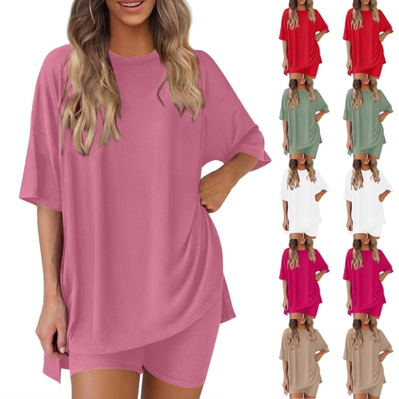 Ichuanyi Women Summer Solid Round Neck Three Quarter Sleeve Top with Shorts Two Piece Outfit Soft Breathable Loungewear Set Daily Outfit