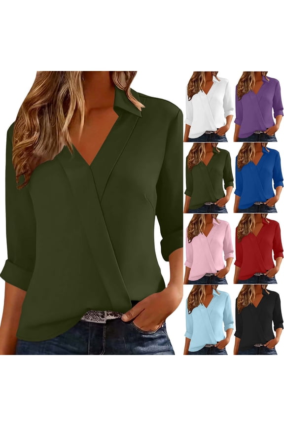 Ichuanyi Women's 3/4 Length Sleeve V-Neck Collared Tops Summer Business Casual Work Flared Collar Shirts Fashion Outfits 2026
