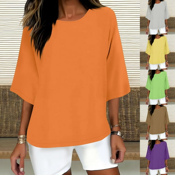 Ichuanyi Women's 3/4 Sleeve Casual Tops Solid Color Crew Neck Loose Fit Shirts Blouses Three Quarter Sleeve Tops Woman Blouse