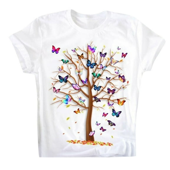 Ichuanyi Women's Casual Round Neck Short Slee Butterfly Tree Print Top T Shirt