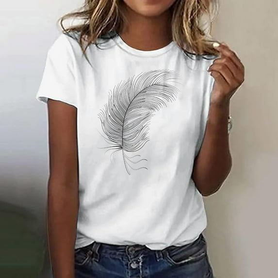 Ichuanyi Women's Casual Round Neck Short Sleeve Feather Print Top T Shirt White Basic T-shirt Tees