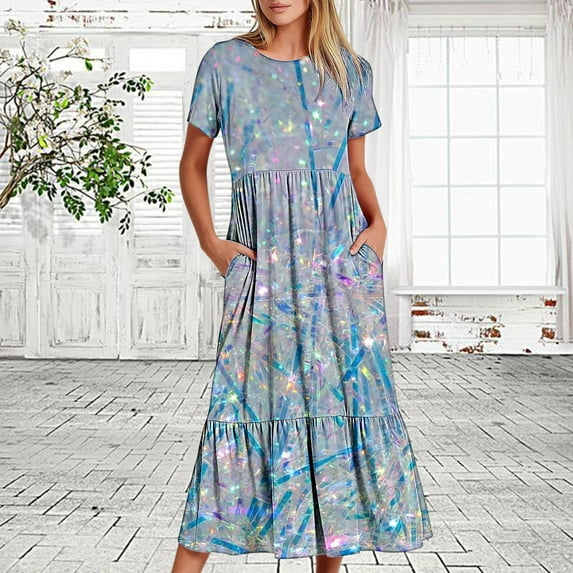 Ichuanyi Women's Casual Short Sleeve Crewneck Dress Summer Long Dresses Flowy Tiered Maxi Beach Dress With Pockets