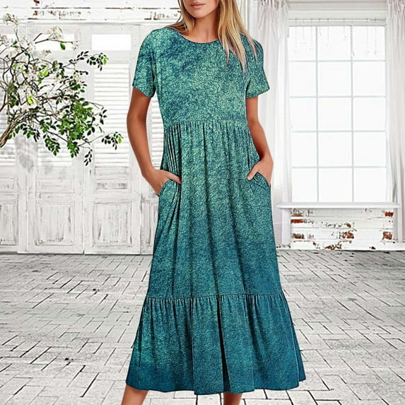 Ichuanyi Women's Casual Short Sleeve Crewneck Dress Summer Long Dresses Flowy Tiered Maxi Beach Dress With Pockets