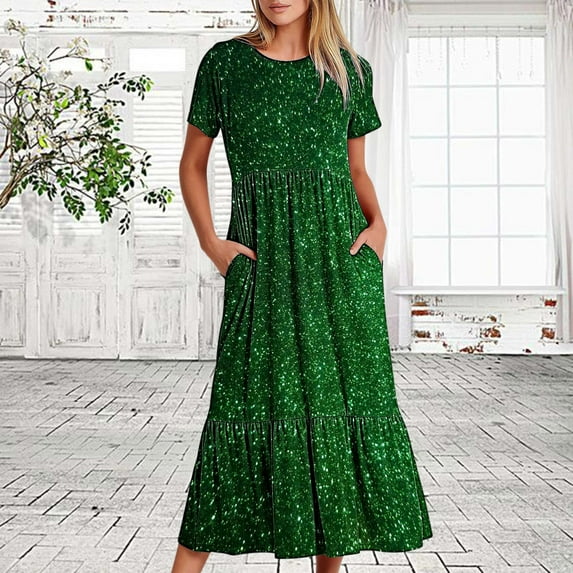 Ichuanyi Women's Casual Short Sleeve Crewneck Dress Summer Long Dresses Flowy Tiered Maxi Beach Dress With Pockets