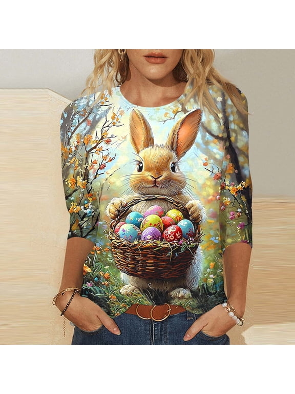 Ichuanyi Women's Easter Print 3/4 Sleeve Pullover, Round Neck Casual Festive Top, Easter Graphic Fashionable Top Blouse, Brown, L