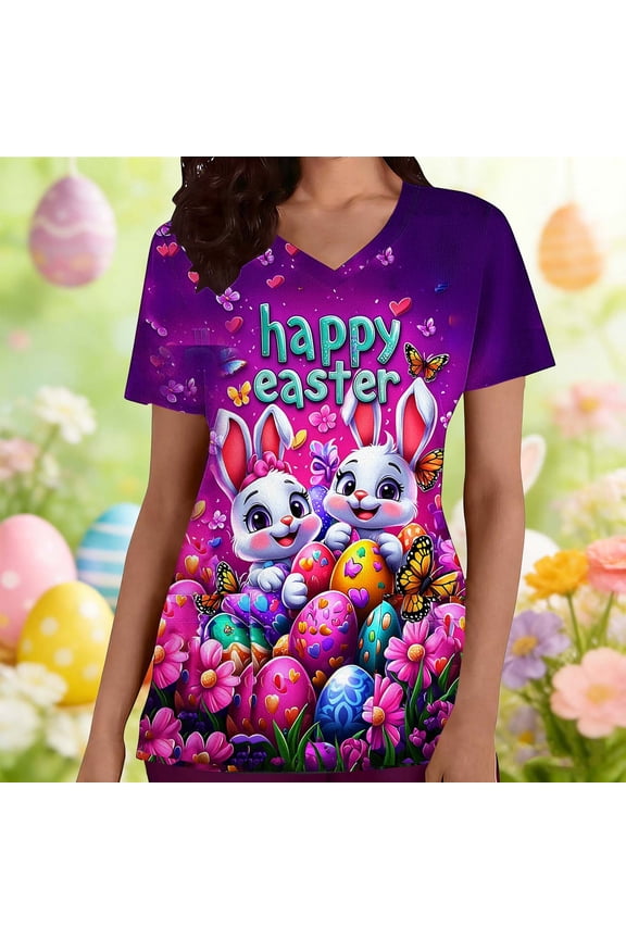 Ichuanyi Women's Easter Print V-Neck Top Short Sleeve Pocket Protective Suit Blouse Comfortable Soft Tunic Top Workwear, Purple, XXL