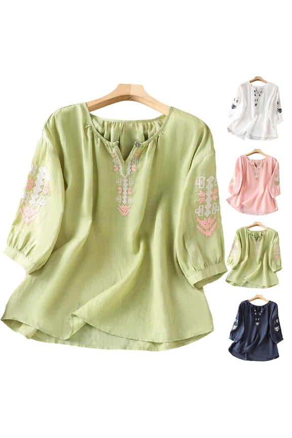 Ichuanyi Women's Embroidered Tops 3/4 Sleeve Line Round Neck Blouses Shirts Dressy Tunics Peasant Tops Loose Fit